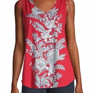Liz Claiborne Red Floral V-Neck Sleeveless Tie Shoulders Tank Top NEW